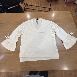 J Crew Sweater Womens XL White 100% Merino Wool V-Neck Bell Sleeve Bow